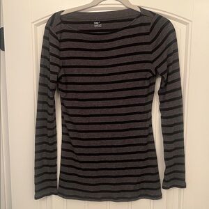 GAP Women's Long Sleeve Boatneck Top - Gray with Black Stripes. Sz S
